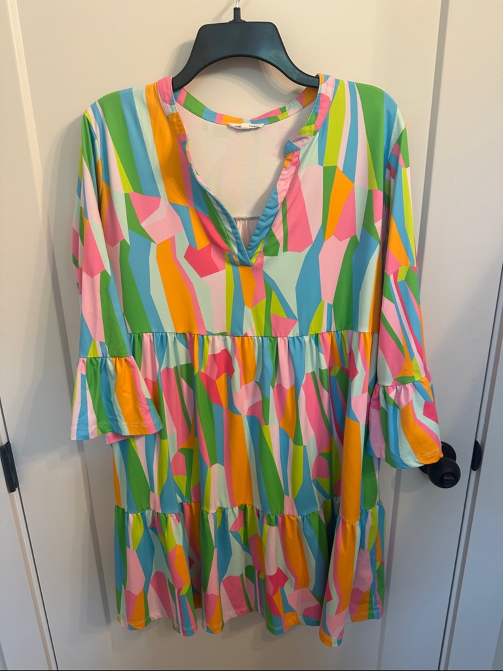 Multicolor Geo Tiered Casual Dress in Pink, Green, Blue, Yellow & Orange